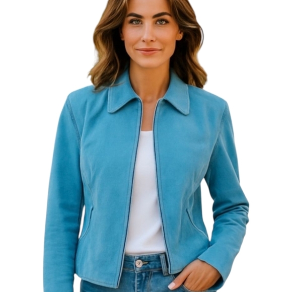 Vtg Suede Leather Turquoise Blue Zip Front Boxy Blazer Jacket  Sz 8 - Picture 1 of 10
